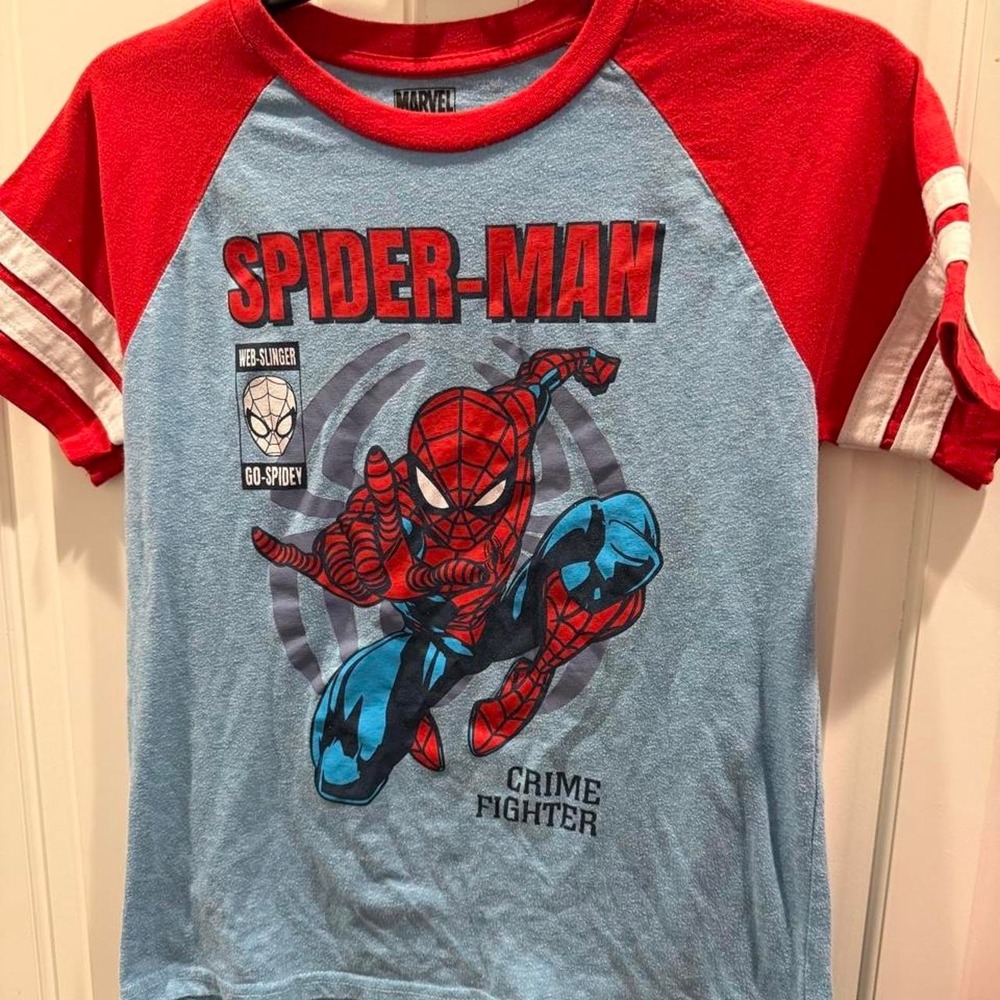 Marvel Spider-Man Crime Fighter T-Shirt Mens Medium Blue Red Raglan  Sleeves
